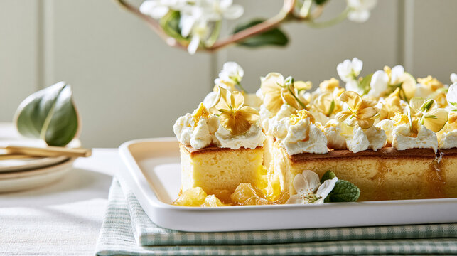 Light sponge cake pieces topped with creamy frosting, sweet fruit compote, and delicate edible blossoms, perfect for spring