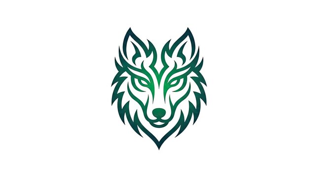 Green geometric wolf head tribal style logo design.