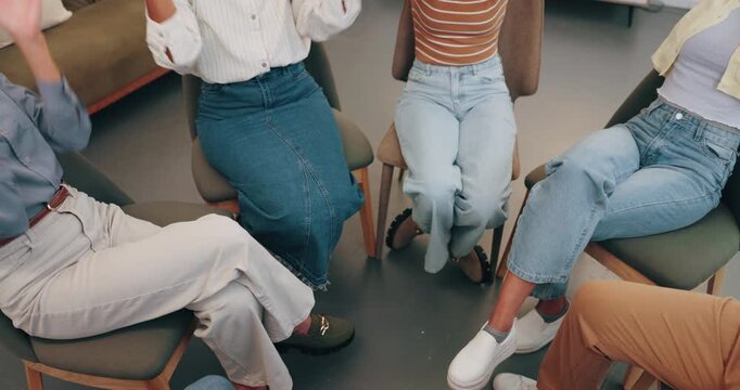People, celebration and hands together in support group above for unity, help or social therapy. Top view, community or team piling with stack, applause or trust in huddle or circle for counseling