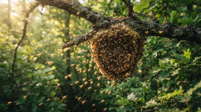 A beautiful honeybee hive hanging from an old tree branch, surrounded by busy golden bees, soft morning sunlight, lush green leaves, natural textures, cinematic and highly detailed.

