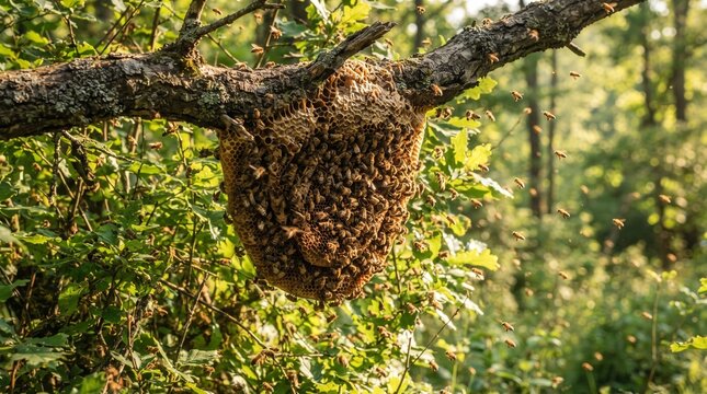 A beautiful honeybee hive hanging from an old tree branch, surrounded by busy golden bees, soft morning sunlight, lush green leaves, natural textures, cinematic and highly detailed.

