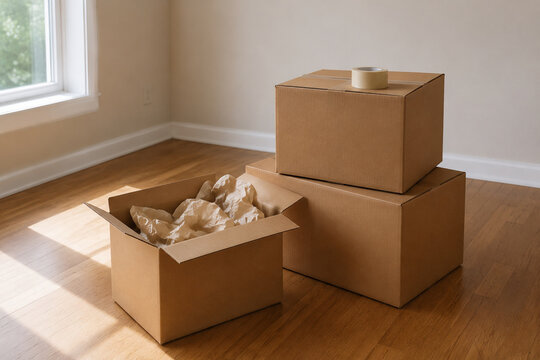 Stacked cardboard moving boxes with packing paper and tape in bright empty room