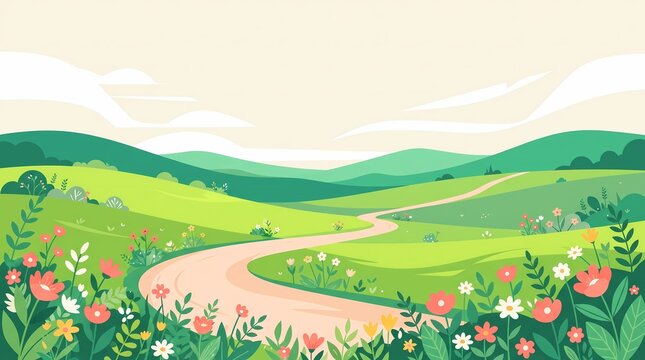 Flat vector landscape with winding road, green rolling hills and spring meadow flowers, scenic nature background for web design