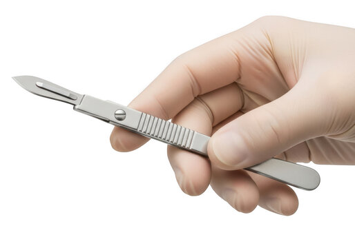 A hand holding a stainless steel surgical scalpel for medical procedure isolated on transparent background