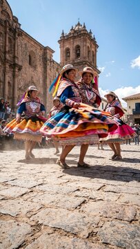 Peruvian women dancing traditional folk dance in colorful skirts at a colonial plaza in Cusco