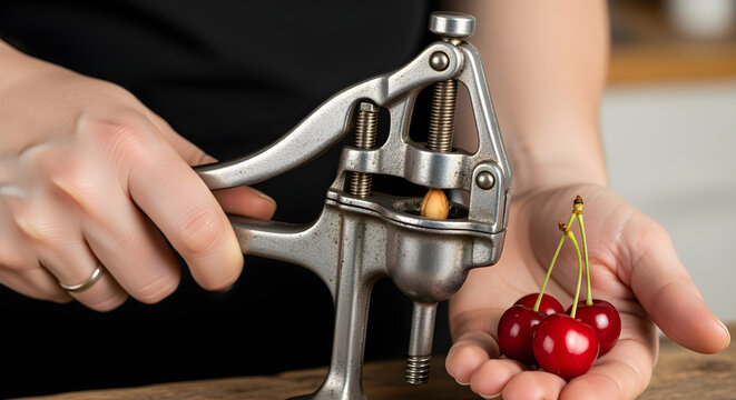 Stainless steel cherry pitter tool in action, removing pit from red fruit. Fresh ripe cherries held in hand, cooking preparation concept