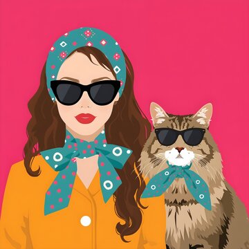 A Chic Woman and Her Cat Wearing Sunglasses and Scarves, a stylish duo posing with vibrant accessories, fashion-forward feline companion