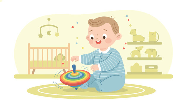 Cheerful baby boy in striped pajamas sits on a rug and happily spins a colorful wooden top toy in his nursery.