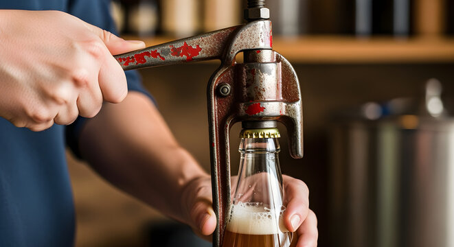 Manual Beer Bottle Capper in Action, Cropped Shot of Hands Using Press Tool to Seal Crown, Craft Brewery Equipment and Home Brewing Business Concept