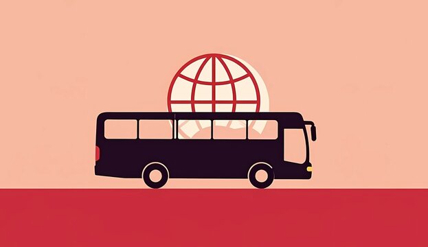 Minimalist Public Transport Bus with Red Globe Icon Illustration