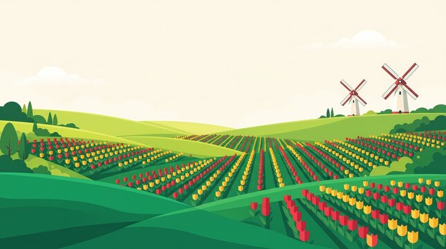 Pastel tulip field landscape with traditional windmills, scenic flower farm illustration, rolling green hills and spring garden background