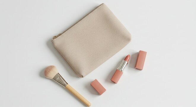Minimalist makeup vanity set with blush, lipstick, brush, and neutral beige clutch on light background