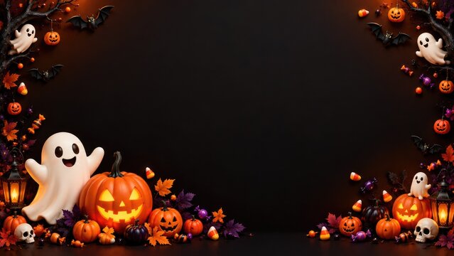 A festive halloween border design featuring cute ghosts and glowing jack o lanterns arranged on a dark background perfect for seasonal party invitation card