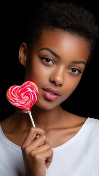 Young woman holding heart shaped lollipop against black background