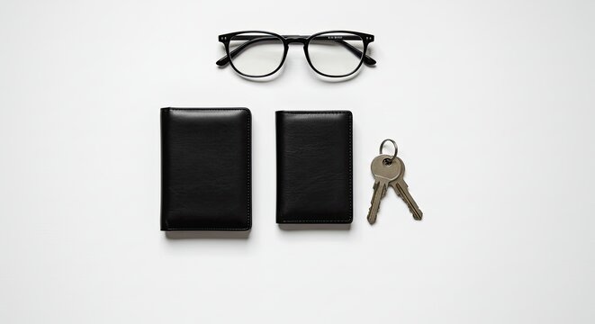 Minimalist flat lay of black wallet keys and eyeglasses on clean white background