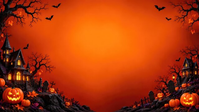 A festive halloween border design featuring spooky haunted houses glowing jack o lanterns and flying bats against a vibrant orange background for seasonal party