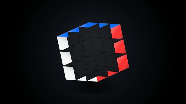 3D render of a rotating puzzle cube with blue and yellow colors on a dark background