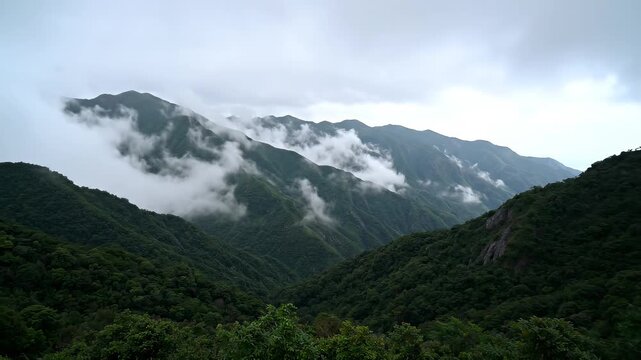 Misty mountain peaks emerge through rolling clouds during overcast daylight