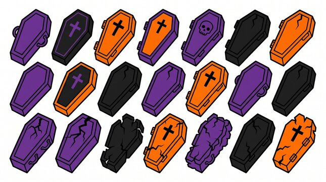 Collection of assorted stylized halloween coffins featuring various purple orange and black colors with intricate crack details and skull motifs arranged neatly on white background