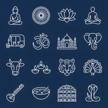 Set of Indian culture and travel line icons on dark blue background