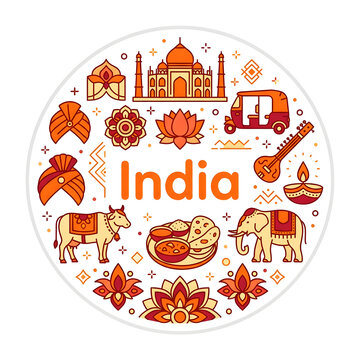 India travel concept with traditional cultural icons and landmarks in circular composition