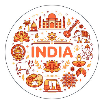India travel concept with traditional cultural icons and landmarks in circular composition