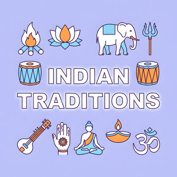 Indian traditions icons set with cultural symbols and traditional musical instruments
