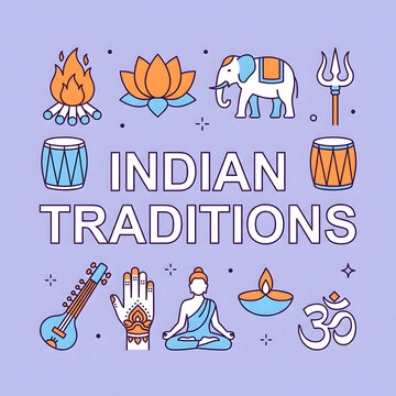 Indian traditions concept with cultural icons and symbols in flat line art style