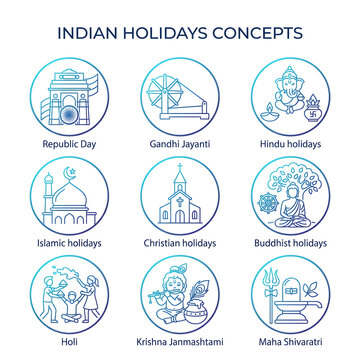Set of Indian holidays and cultural festivals line icons in circular frames.