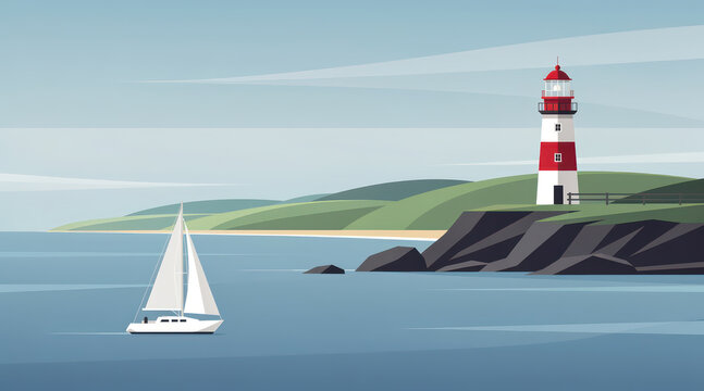 Flat vector illustration of a sailboat near a coastal lighthouse