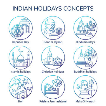 Indian Holidays and Cultural Festivals Line Art Icons Set