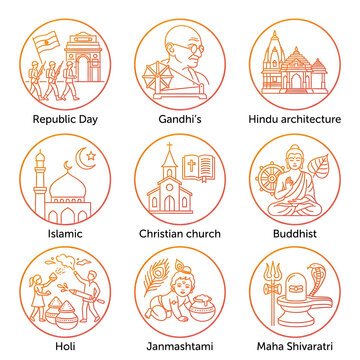 Indian Culture and Religion Line Art Icons Set for Festivals and Landmarks