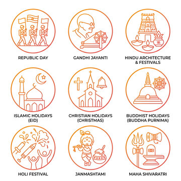 Set of Indian cultural and religious festival icons with linear gradient design elements.