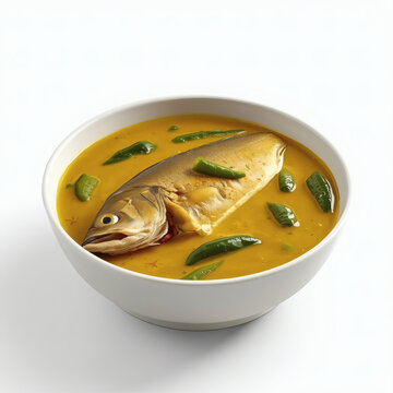 Traditional Bengali shorshe ilish hilsa fish curry in yellow mustard gravy with green chilies in a white bowl