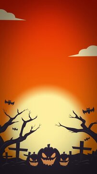 Looping halloween vertical background with pumpkin, dead tree, graveyard, flying bat and moon