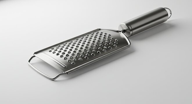 Modern stainless steel grater on clean white background isolated for product photography