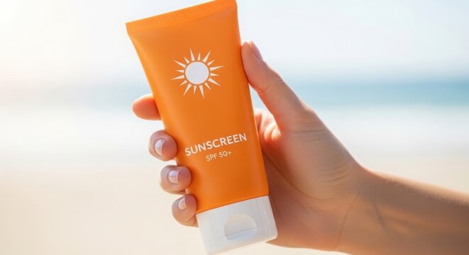 A hand holding a tube of sunscreen by the beach illustration