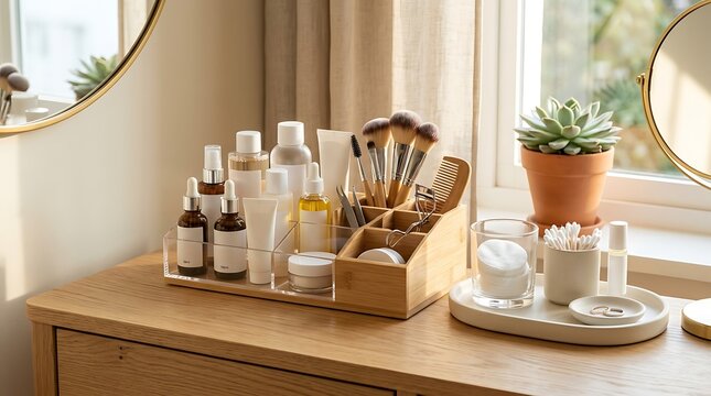 Wooden makeup organizer with skin care products and brushes on a vanity table in a bright bedroom. beauty haul organizer