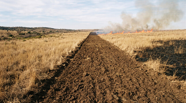 A dry field fire beyond a bare soil firebreak illustrates wildfire risk, land protection, prevention, and environmental management concepts.