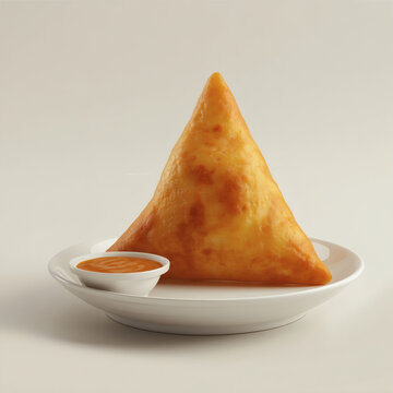 Golden crispy triangular Bengali singara (samosa) with spicy dipping sauce on white plate