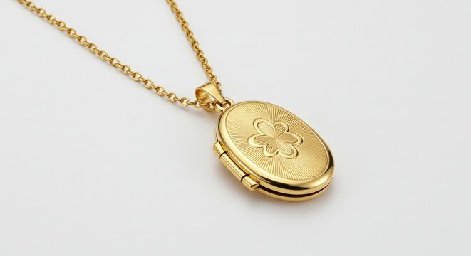 Elegant gold locket necklace with intricate design on delicate gold chain