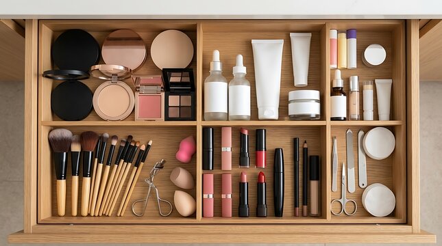 Organized makeup and cosmetics in a wooden bathroom drawer. beauty haul organizer