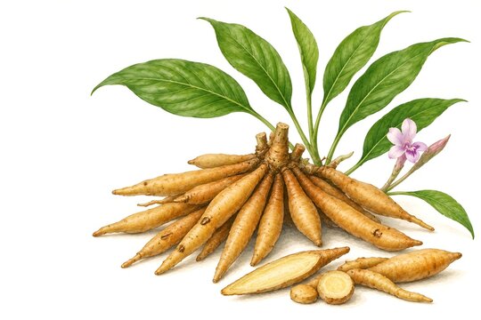 Fingerroot Temu Kunci Botanical Illustration with Rhizomes Green Leaves and Flower
