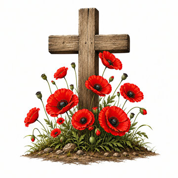 Wooden cross with red poppy flowers for remembrance day