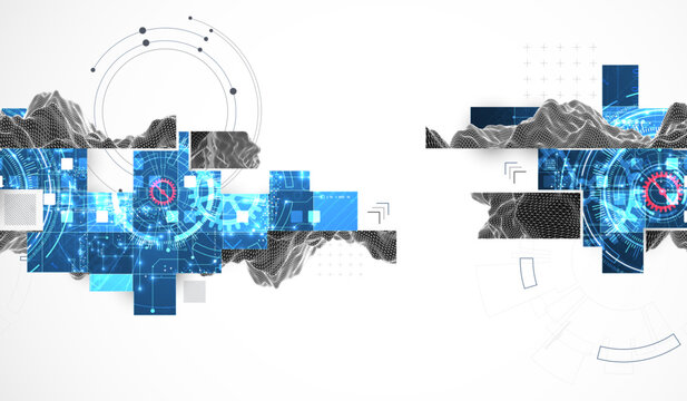 Abstract technology background with digital squares,  and wireframe landscape. Vector