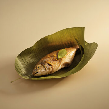 Bengali ilish paturi whole hilsa fish marinated in mustard served on a banana leaf