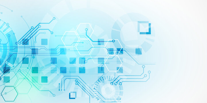 Abstract futuristic technology background with circuit board elements and hexagons. Vector