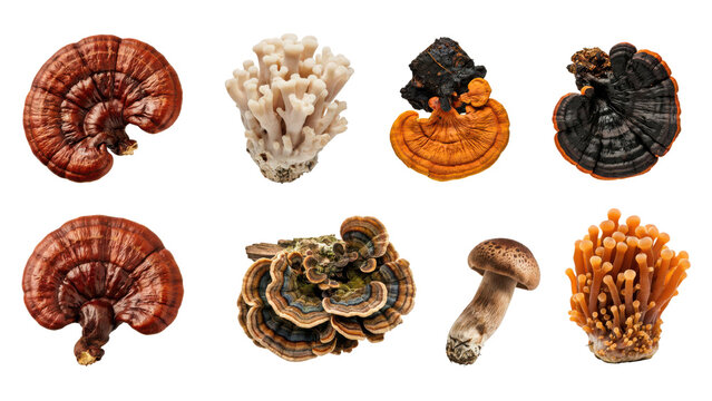 Collection of various medicinal mushrooms including reishi, coral, and turkey tail fungi on a white background, isolated on a, transparent background