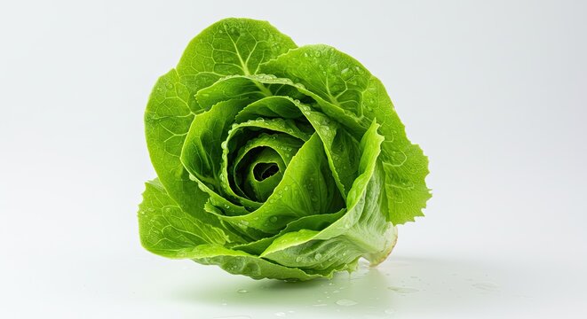Fresh whole green romaine lettuce with vibrant natural rose shape against clean white background