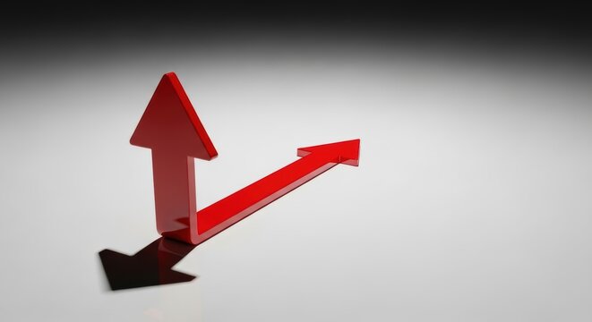 Two red 3D arrows pointing up and right symbolizing growth and strategic business direction on reflective surface.
